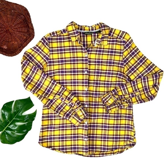 Y2K Eddie Bauer Rustic Plaid Yellow Purple Plaid Flannel Button Shirt Medium - Picture 3 of 13